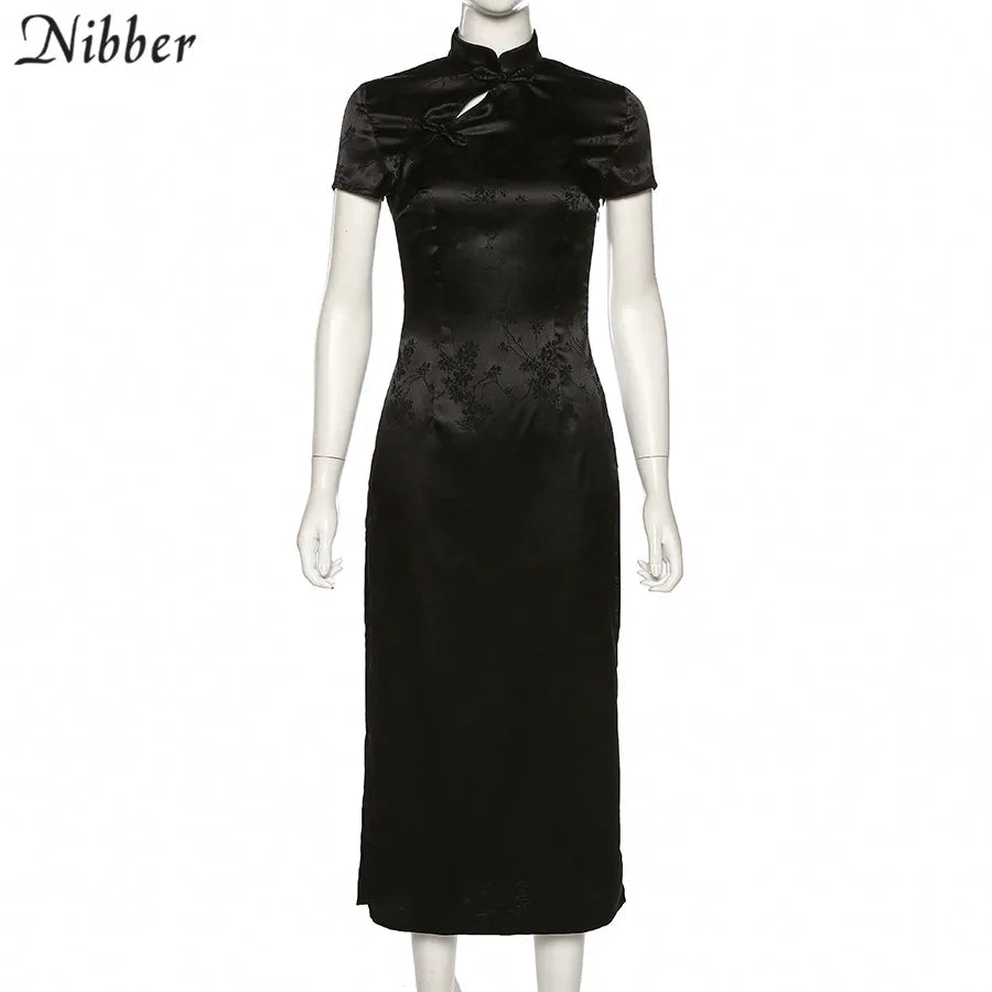 Beberino Black Party Long Dresses Women Short Sleeve High-Neck Dress