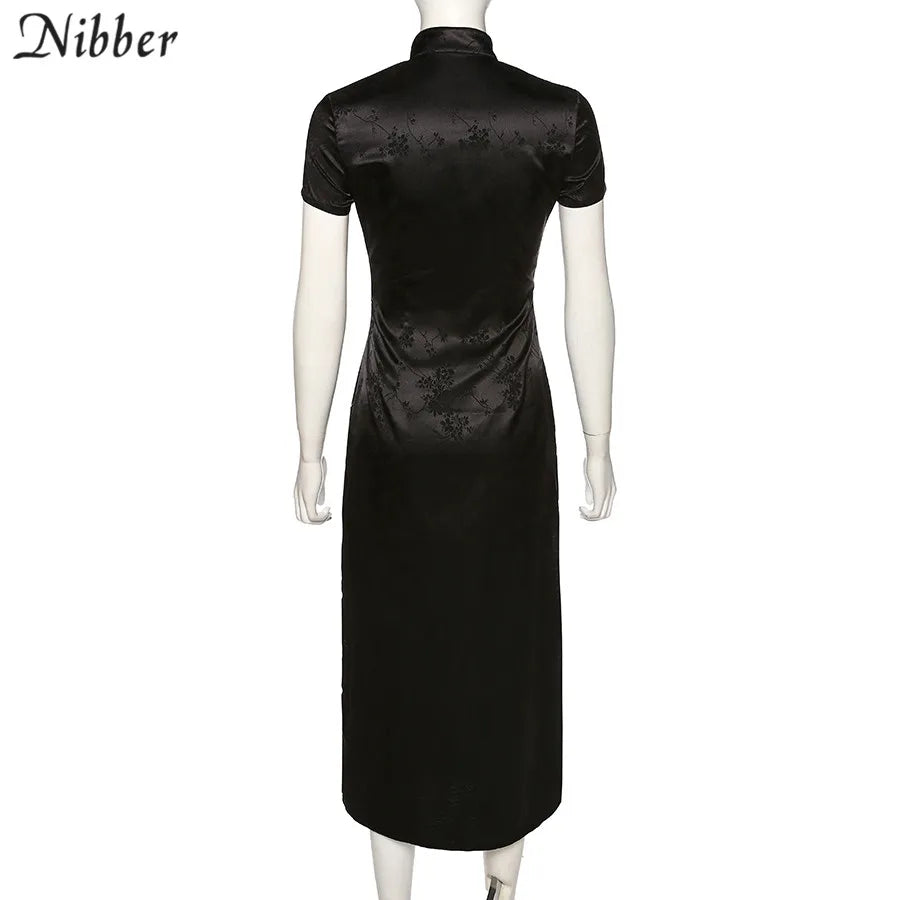 Beberino Black Party Long Dresses Women Short Sleeve High-Neck Dress