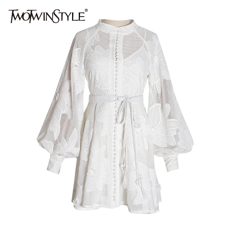 Beberino White Stand Collar Mini Dress - Elegant Spring Fashion for Women