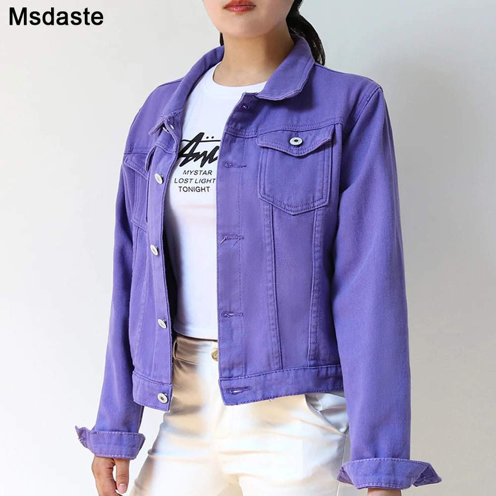 Beberino Purple Denim Coat: Women's Casual Short Jeans Jackets for Spring/Autumn