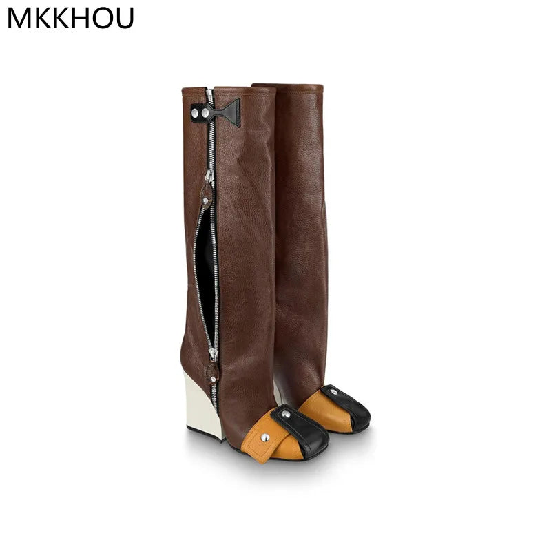 Beberino Leather Wedge Heel Knee-High Boots: Stylish Street Punk Motorcycle Fashion Boots