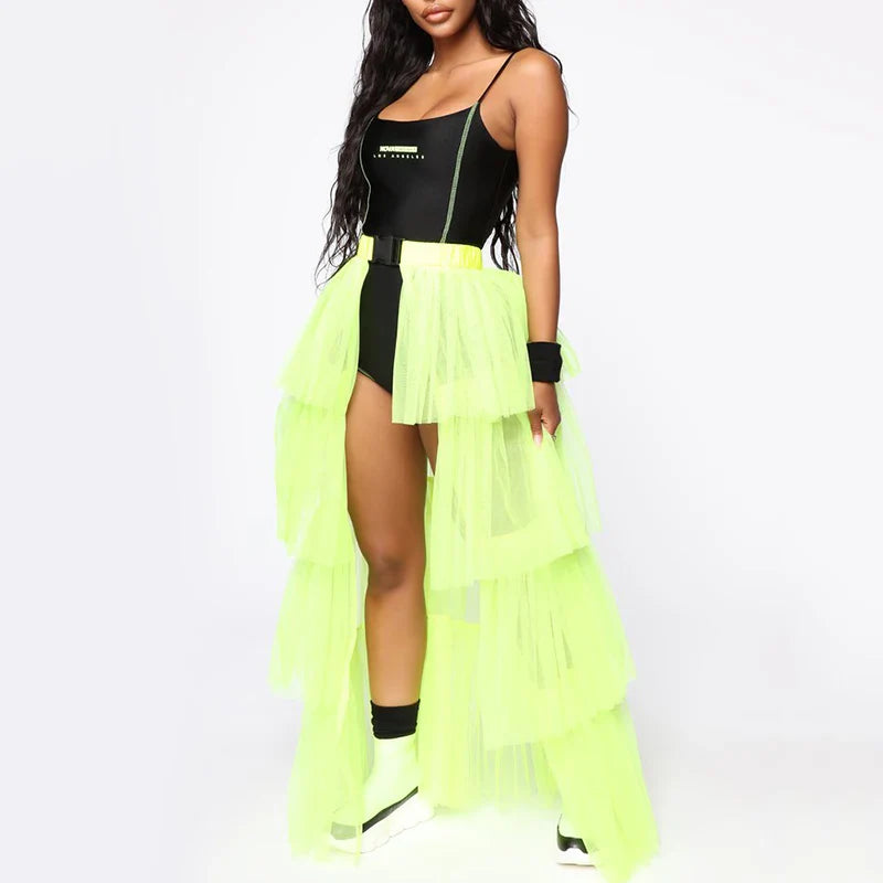 Beberino Neon Mesh Pleated Skirt-Layered Music Festival Chic-Glamorous Buckle Patchwork