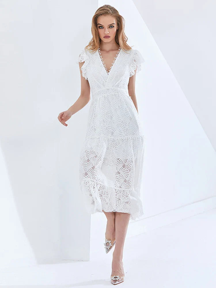 Beberino White V Neck Ruffle Trim Long Dress