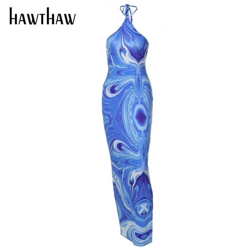 Beberino Halter Printed Bodycon Beach Pencil Dress - Blue