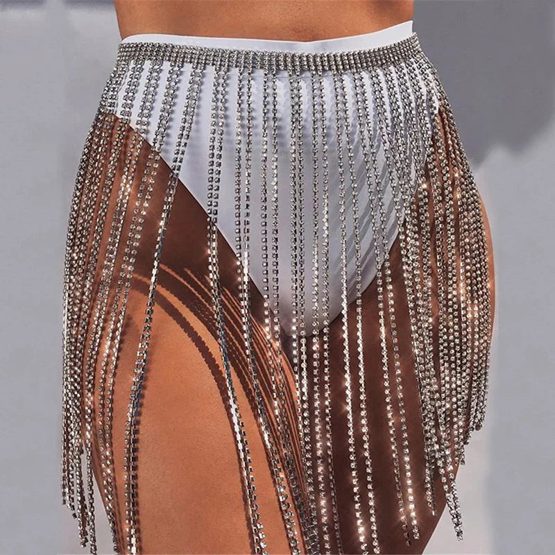 Beberino Rhinestone Tassel Mini Skirt for Women - Summer Beach Bikini Bottom