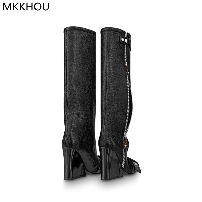 Beberino Leather Wedge Heel Knee-High Boots: Stylish Street Punk Motorcycle Fashion Boots