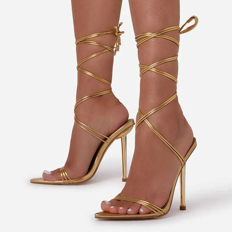 Beberino 12CM Gladiator Heels: Pointed Toe Lace-Up Stiletto Sandals for Women, Wedding Shoes