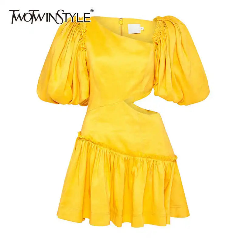 Beberino Hollow Out Skew Collar Dress Puff Sleeve Mini Summer Fashion