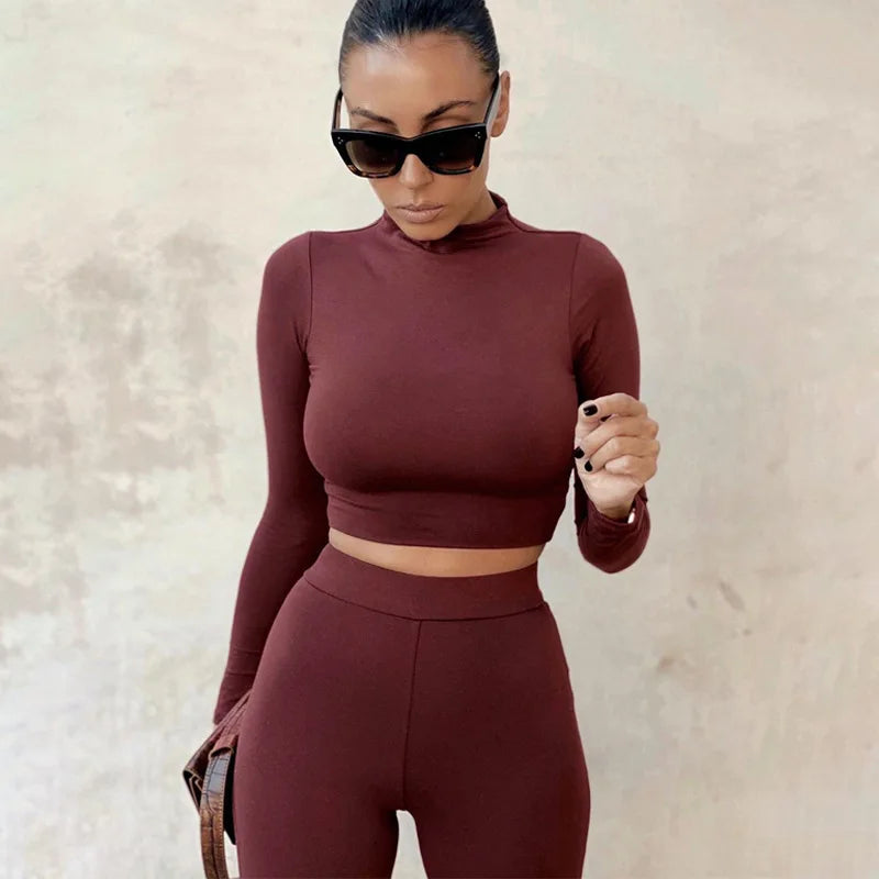 Beberino Women's Solid Color Crop Top and Long Pant Tracksuit Set