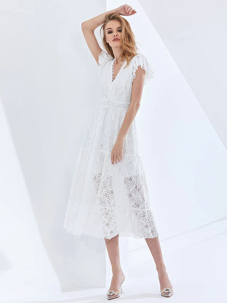 Beberino White V Neck Ruffle Trim Long Dress