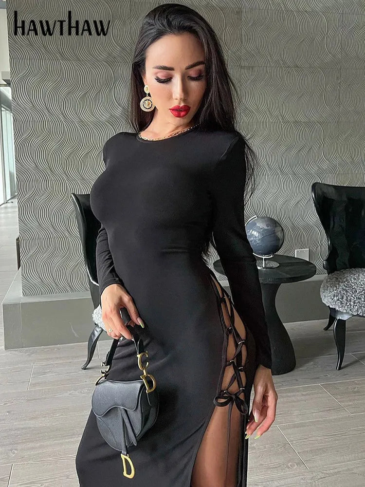 Beberino Long Sleeve Hollow Out Black Split Dress