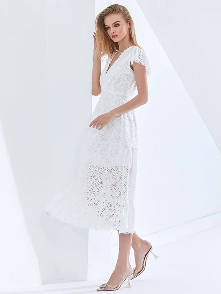 Beberino White V Neck Ruffle Trim Long Dress