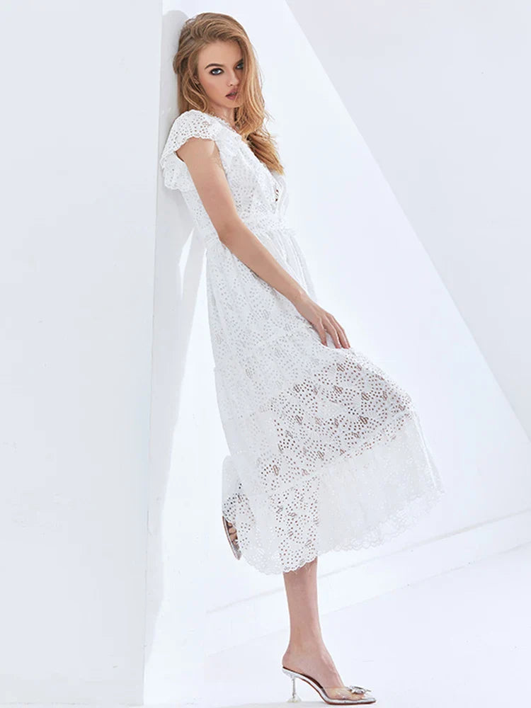 Beberino White V Neck Ruffle Trim Long Dress