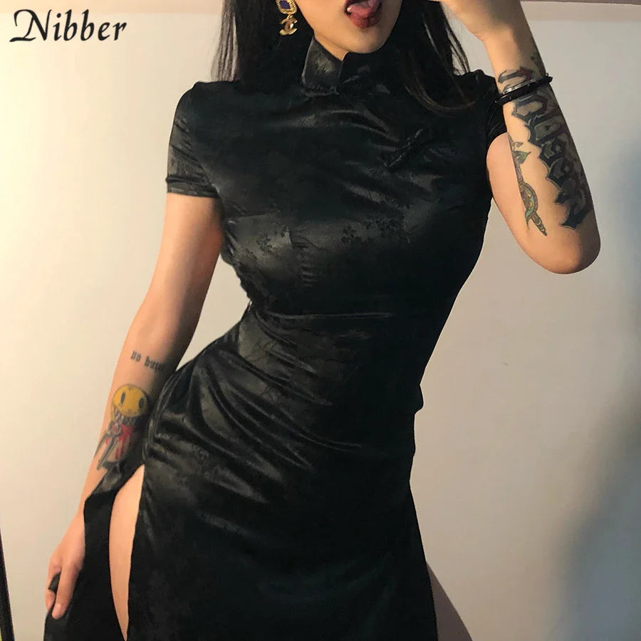 Beberino Black Party Long Dresses Women Short Sleeve High-Neck Dress