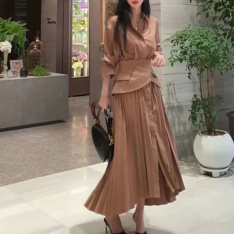 Beberino Pleated Maxi Dress: Lapel Long Sleeve High Waist Elegant Women's Fashion 2021