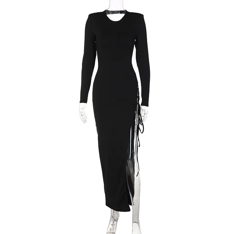 Beberino Long Sleeve Hollow Out Black Split Dress