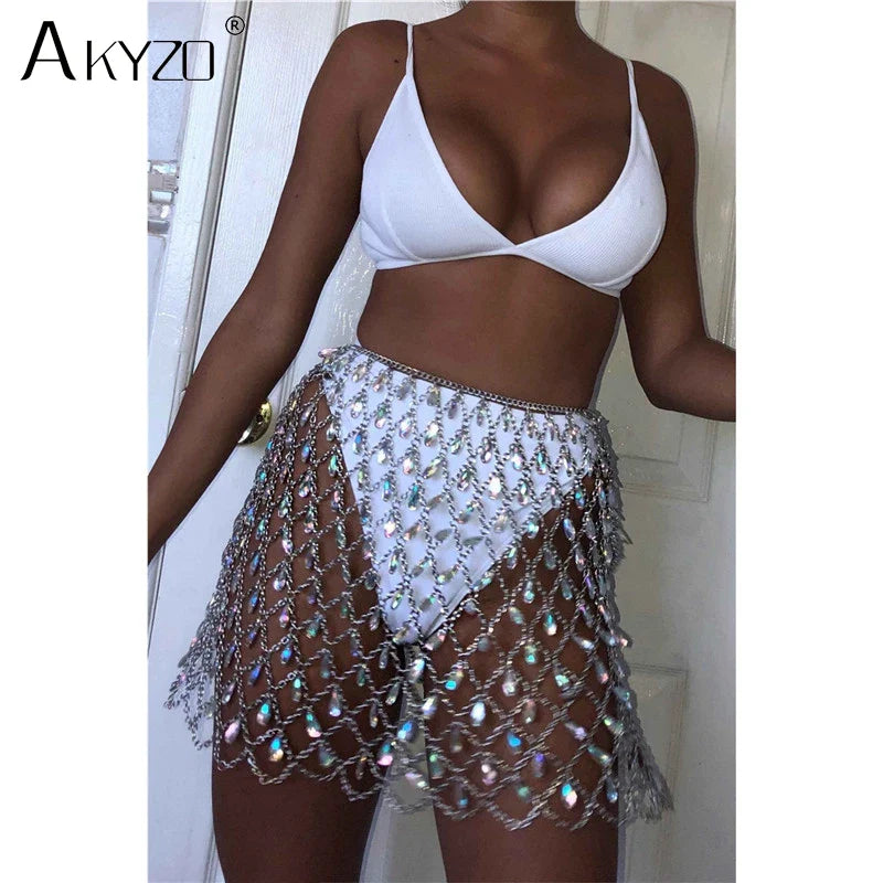 Beberino Sparkle Metal Body Chain Skirt - Nightclub Party Mini Skirt