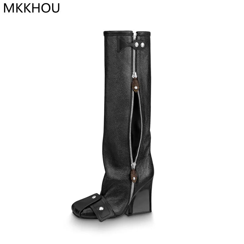 Beberino Leather Wedge Heel Knee-High Boots: Stylish Street Punk Motorcycle Fashion Boots