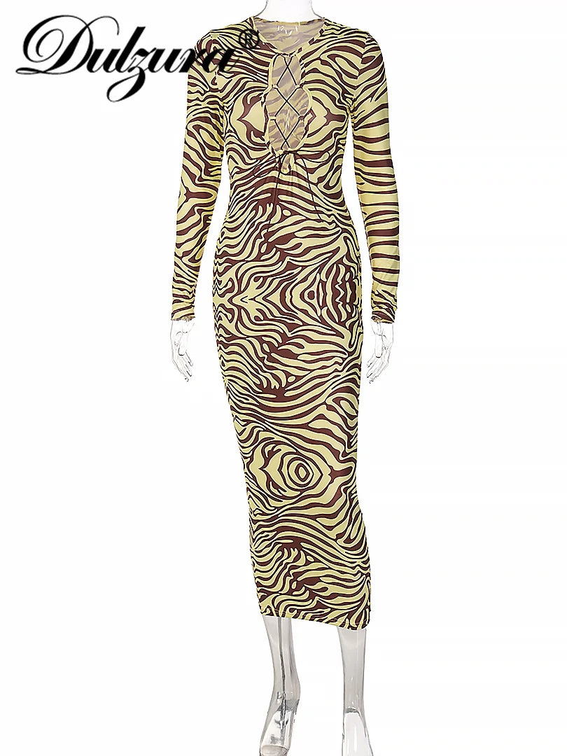 Beberino Zebra Print Lace Up Hollow Out Midi Dress