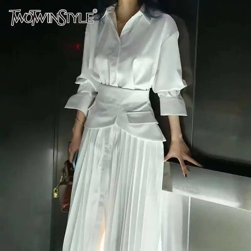 Beberino Pleated Maxi Dress: Lapel Long Sleeve High Waist Elegant Women's Fashion 2021