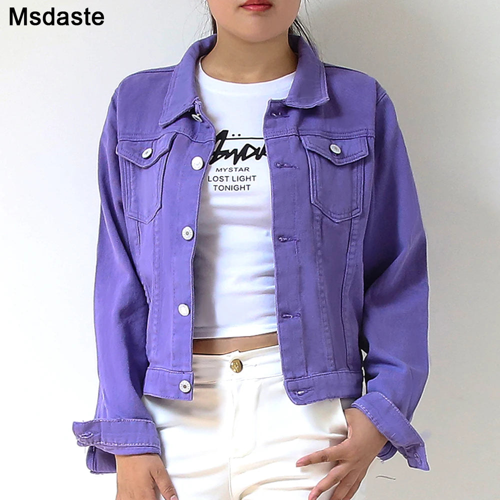 Beberino Purple Denim Coat: Women's Casual Short Jeans Jackets for Spring/Autumn