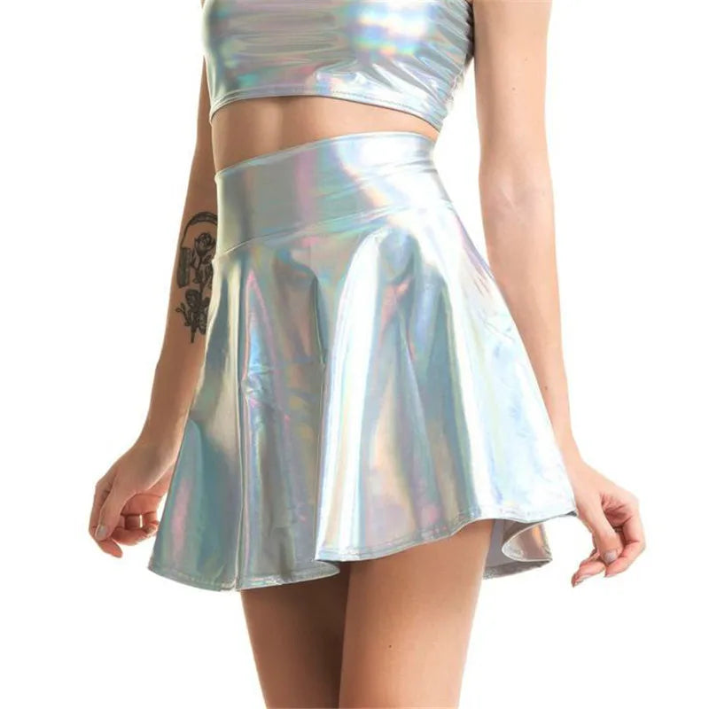 Beberino Shiny Metallic High Waist A-line Mini Skirt - Summer Streetwear Fashion