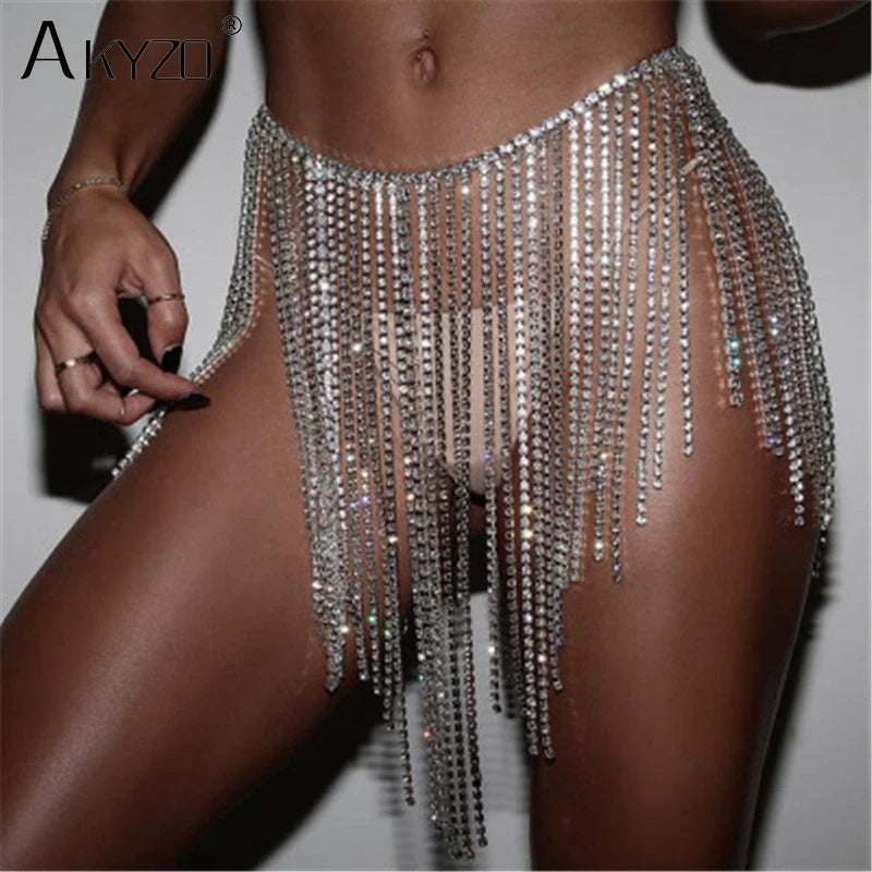 Beberino Rhinestone Tassel Chain Skirt: Super Sparkly & Sexy Nightclub Mini Skirt