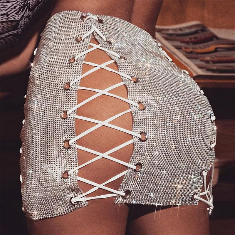 Beberino Glitter Diamond Mini Skirt | Sexy Nightclub Clubwear Sparkle Lace-Up