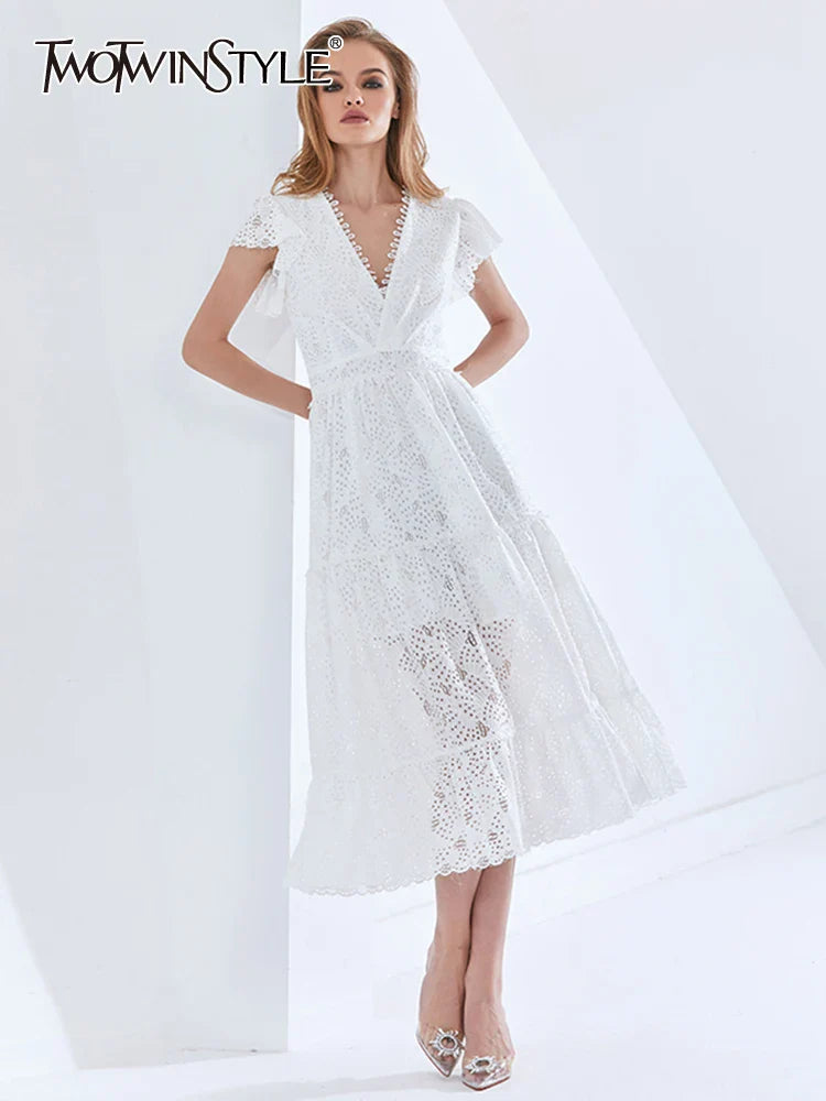 Beberino White V Neck Ruffle Trim Long Dress