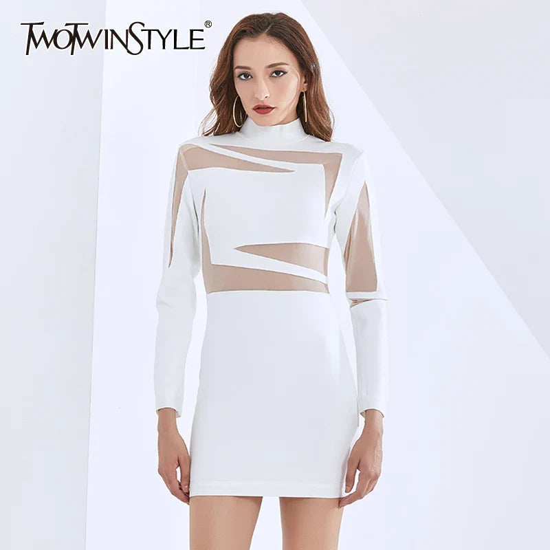 Beberino Mesh Patchwork Slim Dress - Stand Collar Long Sleeve Mini Dress