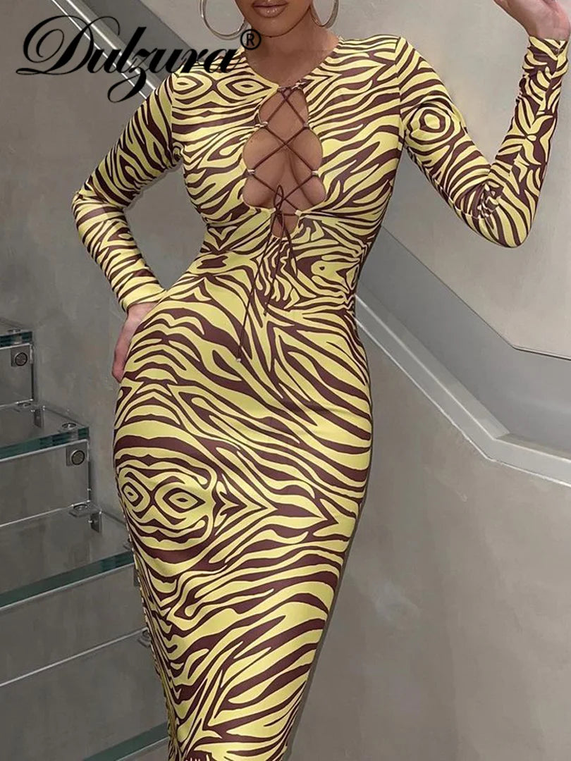 Beberino Zebra Print Lace Up Hollow Out Midi Dress