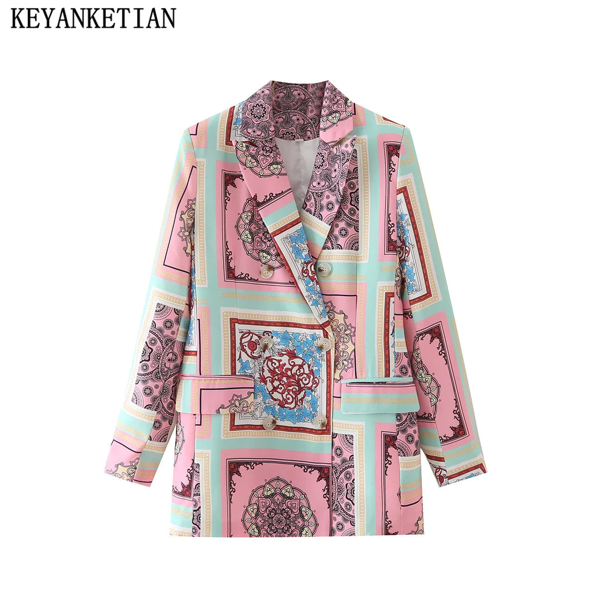 Beberino Geometric Print Double-Breasted Blazer Retro Jacket - Chic and Stylish Women's Jacket