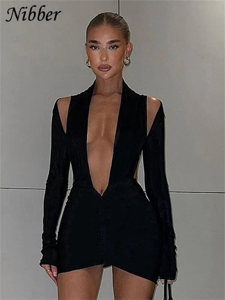 Beberino Pure Black Sexy Cutout Long Sleeve Dress for New Year's Eve 2022