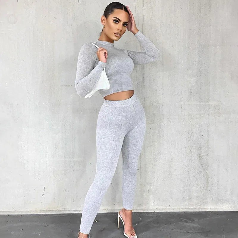 Beberino Women's Solid Color Crop Top and Long Pant Tracksuit Set