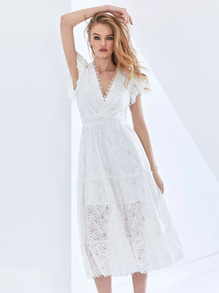 Beberino White V Neck Ruffle Trim Long Dress