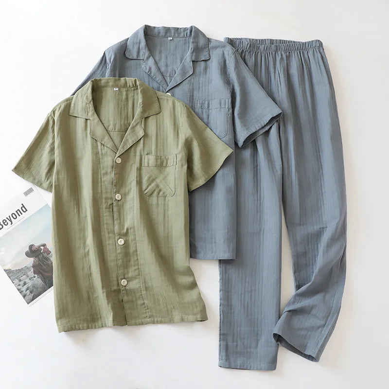 2024 Beberino Men's Cotton Gauze Pajama Set with Lapel, Buttons, Short Sleeves