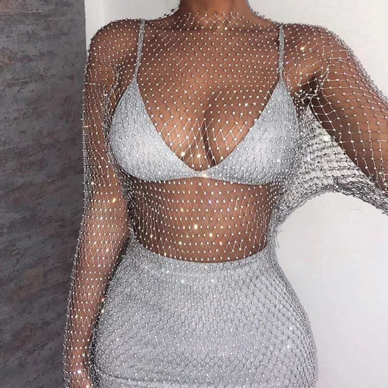 Beberino Sequin Mesh Patchwork Mini Dress - Sexy Rhinestone Party Club Outfit