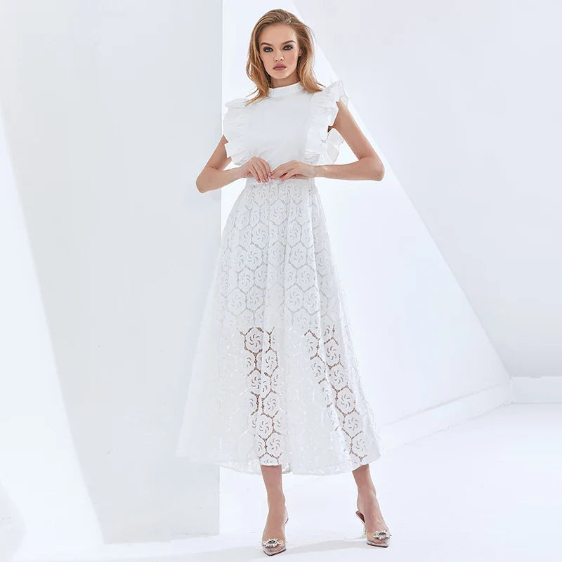 Beberino Sleeveless Lace Ruffle Dress - Elegant Women's High Waist Oversized Dresses