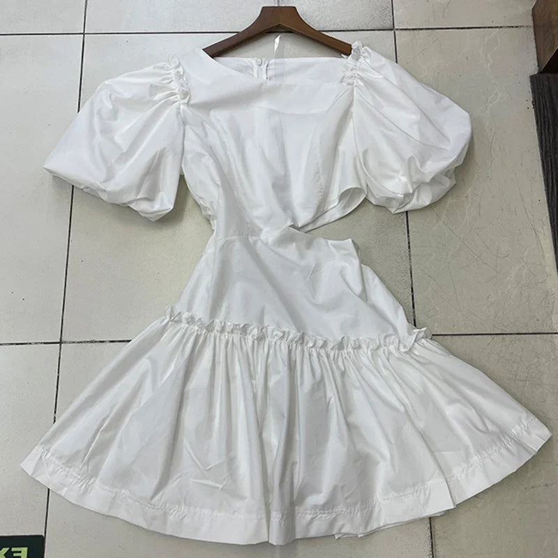 Beberino Hollow Out Skew Collar Dress Puff Sleeve Mini Summer Fashion