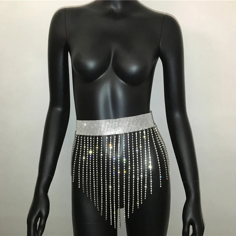 Beberino Rhinestone Tassel Mini Skirt: Metal Hollow Out, See Through, Sexy Nightclub Design