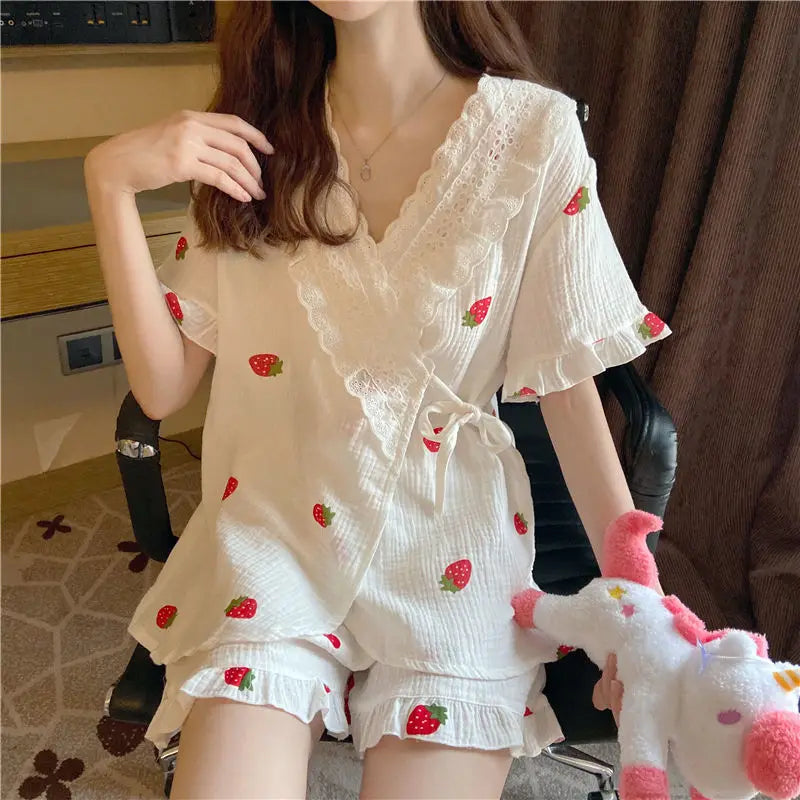 Beberino Strawberry Print Kimono Pajamas Set - Summer Sleepwear for Women