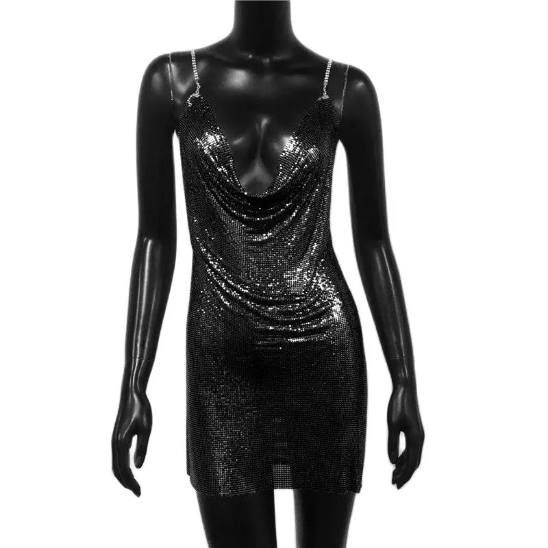 Beberino Metal Sequins Mini Dress: Sexy Sleeveless Spaghetti Strap Neck Party Club Dress