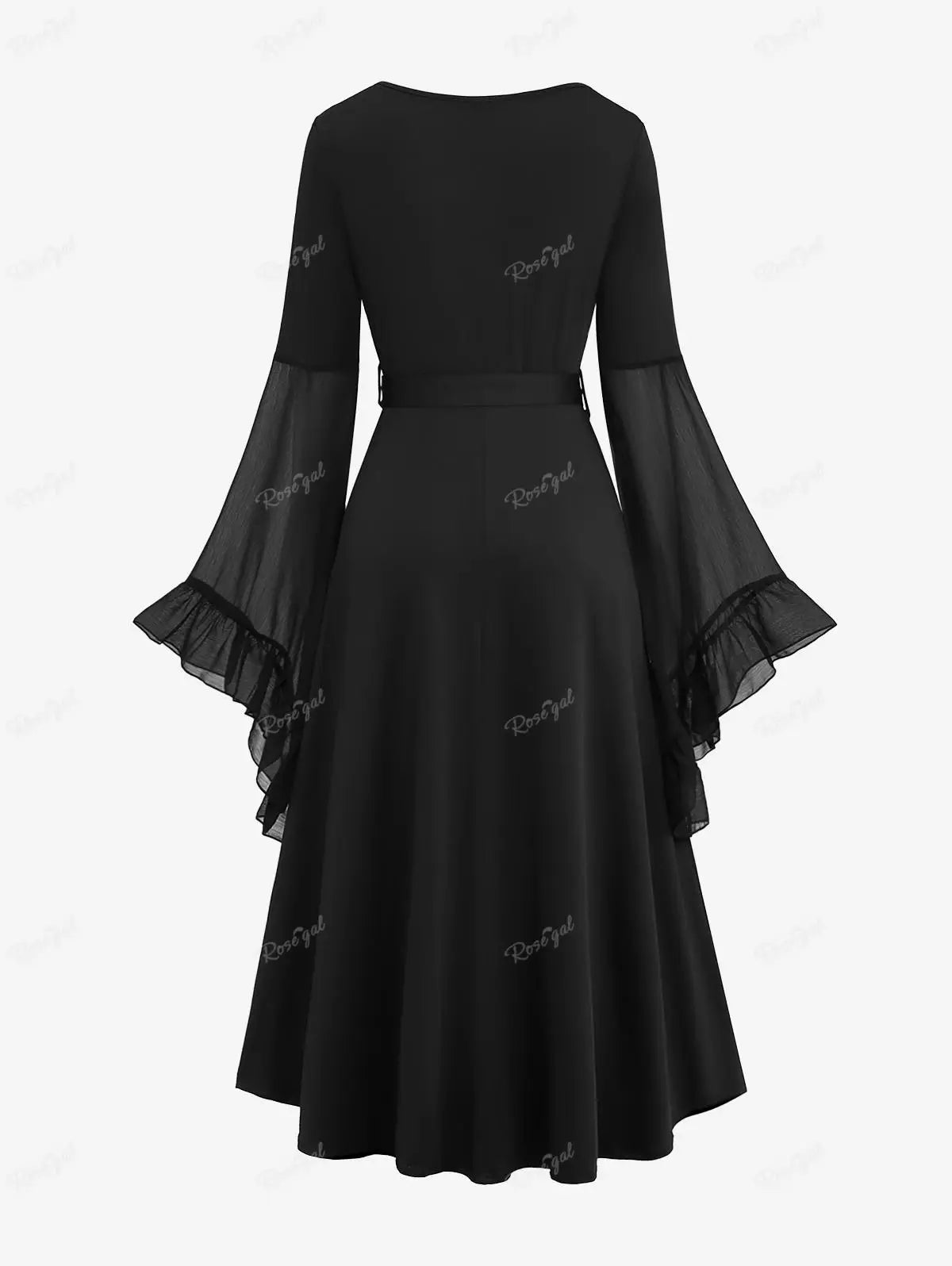 Beberino Black Lace Mesh Flare Sleeve Belted Dress 5XL