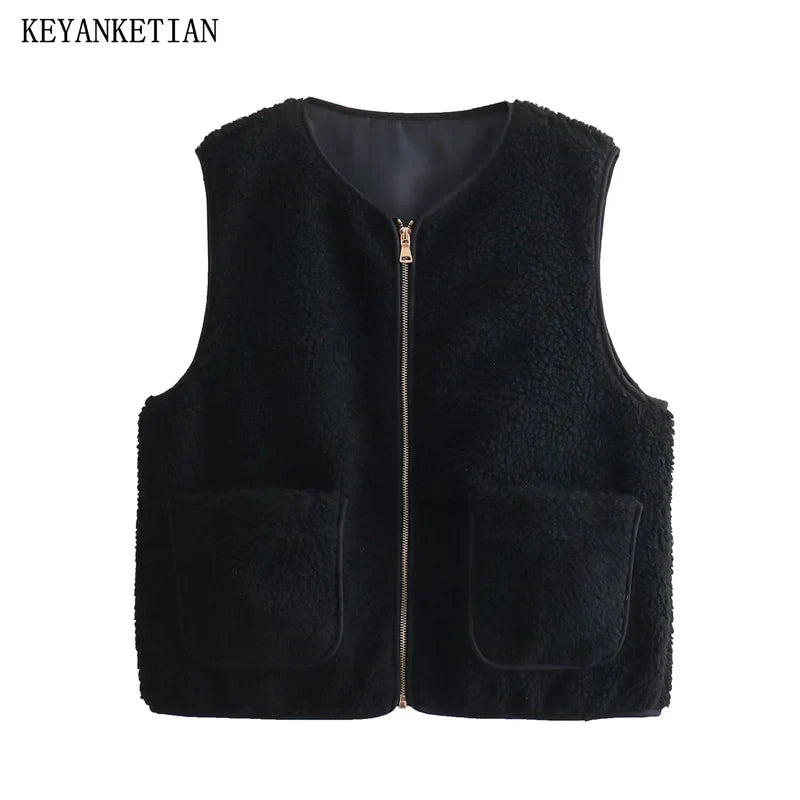 Beberino Lamb Wool Vest: Spring Sleeveless Waistcoat - Black Crop Top Coat