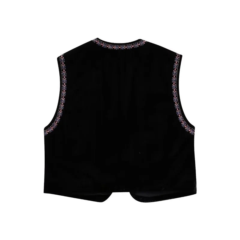 Beberino Sequined Floral Embroidery Velvet Waistcoat Vest Vintage Sleeveless Crop Top