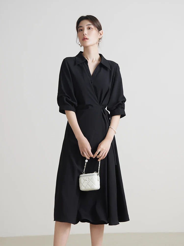 Beberino Wrap Design Turn-down Collar Black Dress A-LINE 24DS82102