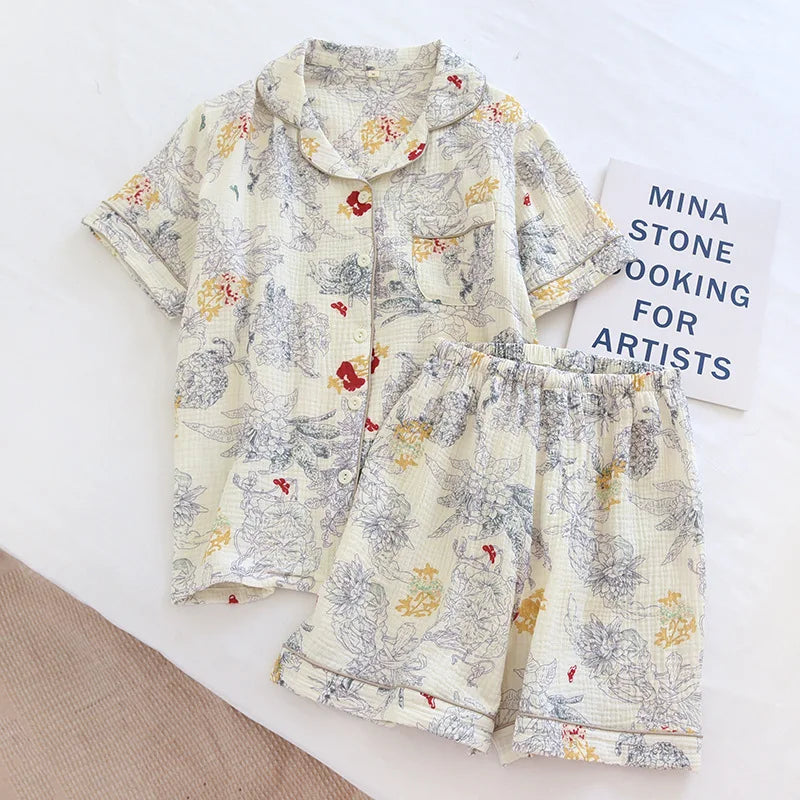 Beberino 2023 Summer Cotton Gauze Pajama Set with Ink Painting Print