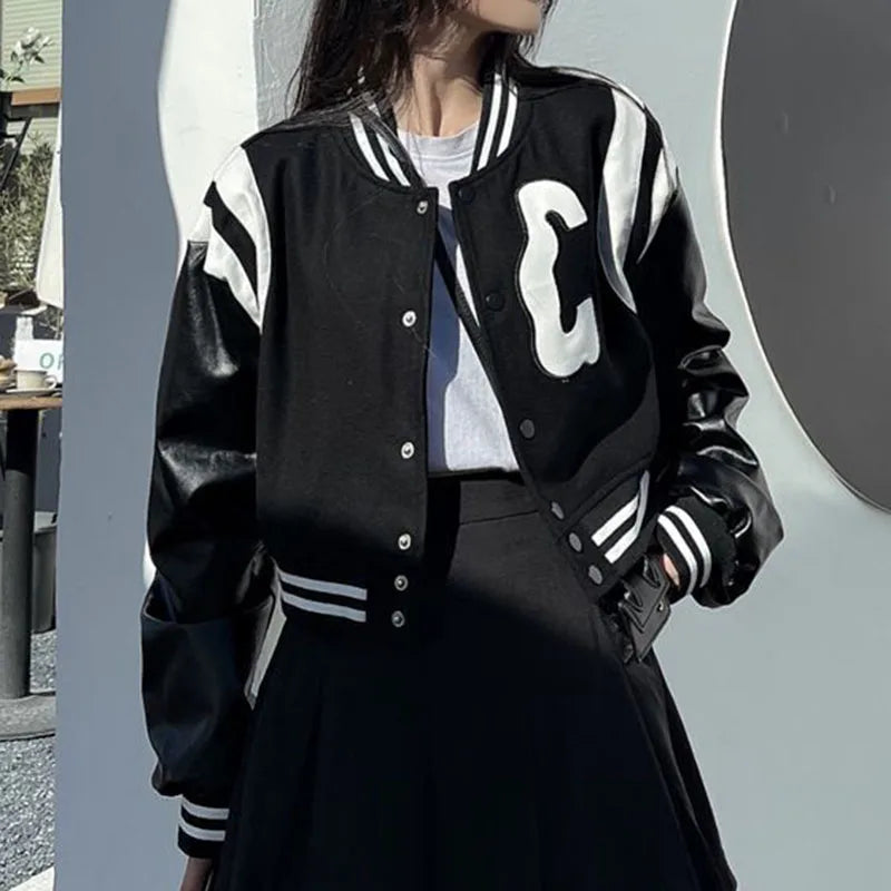 Beberino Black Baseball Jacket: Stylish Cropped Bomber for Women Streetwear Fashion