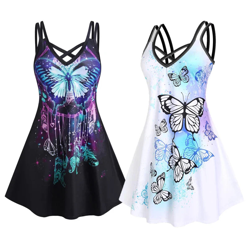 Beberino 3D Butterfly Print V-Neck Sundress for Women Plus Size 5XL