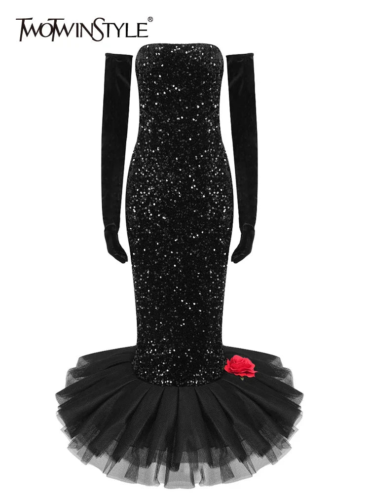 Beberino Sequins Applique Strapless Dress with High Waist and Elegant Patchwork